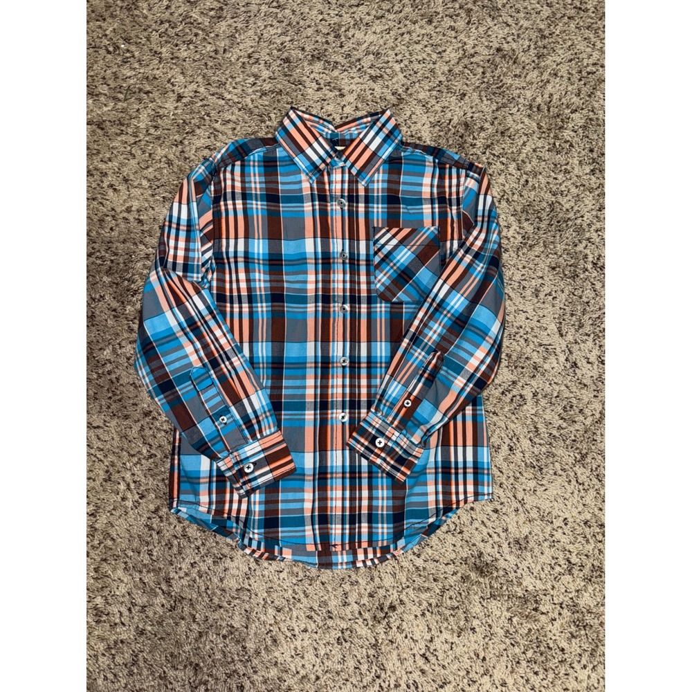 Faded Glory Boys Plaid Long Sleeve Button Up Shirt Size Medium 8 Blue Orange
